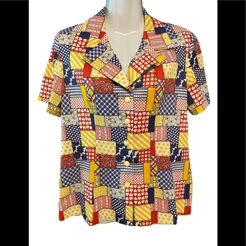 Vintage Short Sleeve Button Down Patchwork Shirt - image 1